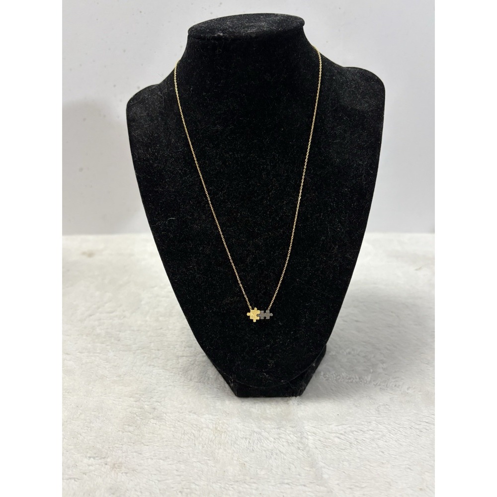 Jigsaw Puzzle‎ Piece Necklace Stainless Steel Autism Awareness Gold Tone & Black